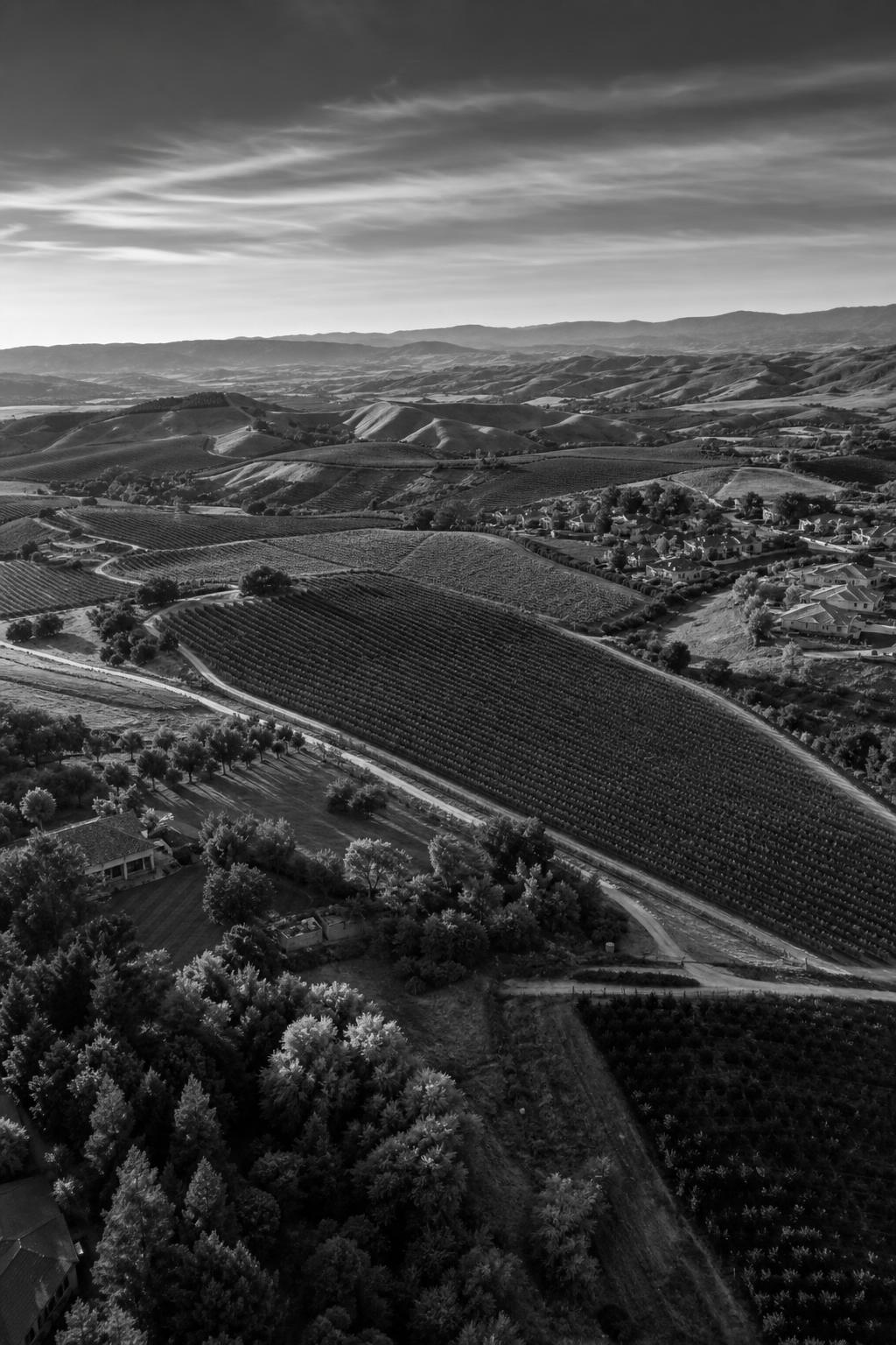 California farmland and residential landscape, monochrome